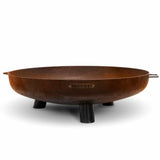 Copper-colored fire pit with 'Mood' branding on a white background