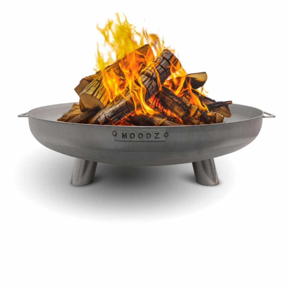 Metal fire pit with flames and logs on a white background, branded 'Moodz'.