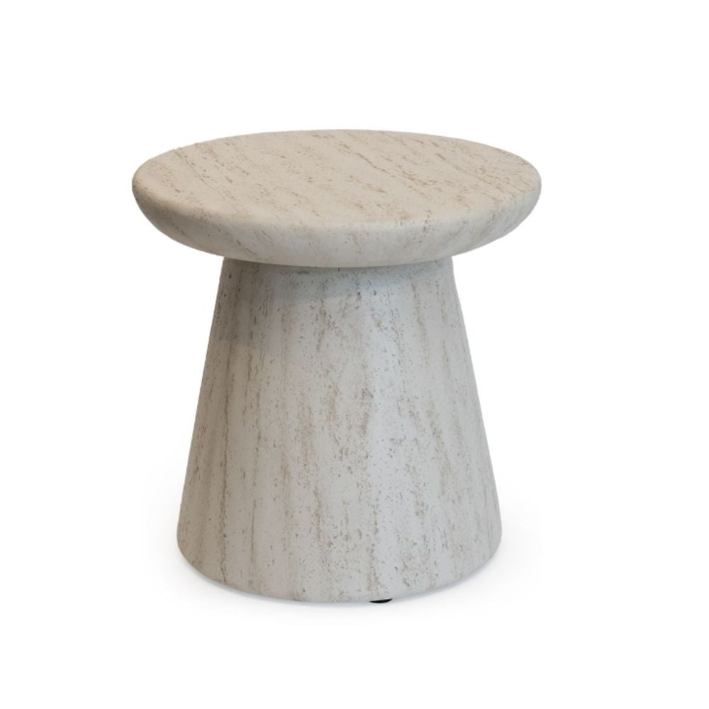 Round stone-styled side table on a white background