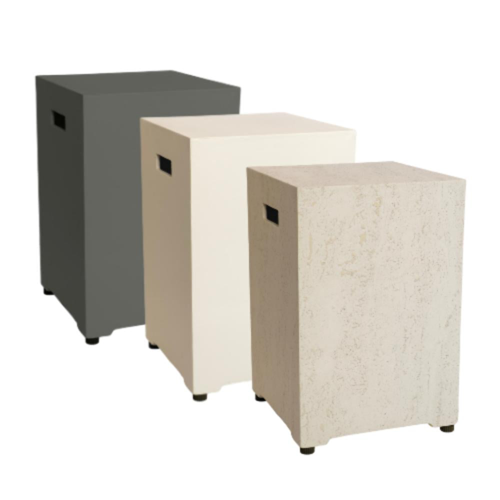 Three cube-shaped gas bottle enclosures in gray, white, and beige on a white background