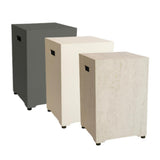 Three cube-shaped gas bottle enclosures in gray, white, and beige on a white background