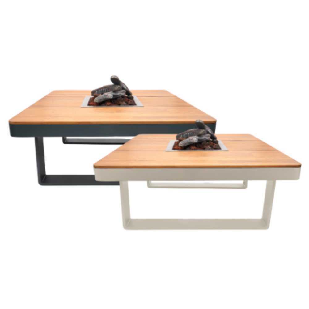 Two wooden fire pit table  tables with metal bases on a white background