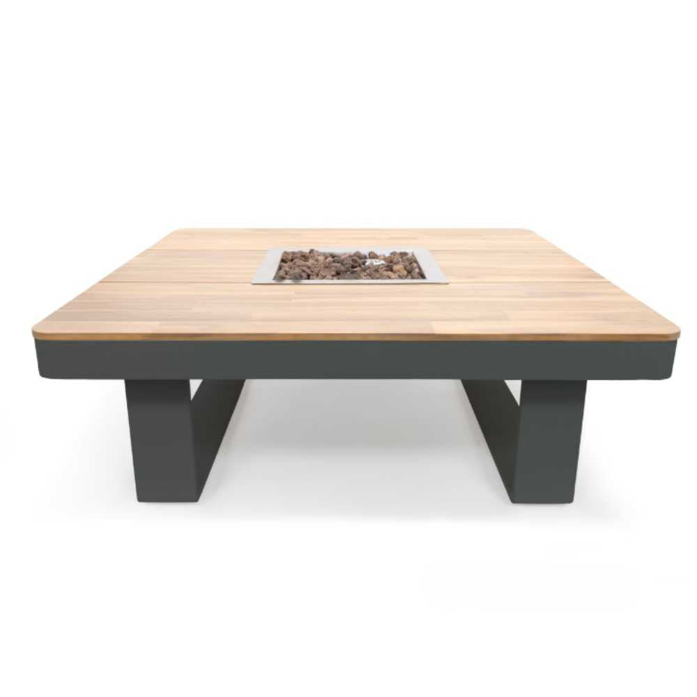 Square fire pit table with wooden top and metal base on a white background