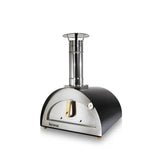 Portable pizza oven with chrome finish on a white background