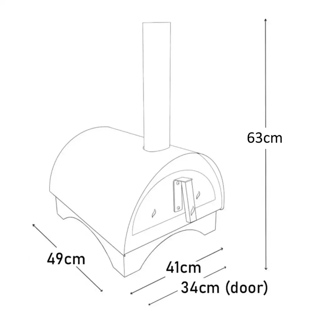 Measurement chart of a pizza oven with dimensions labeled.