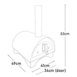 Measurement chart of a pizza oven with dimensions labeled.
