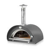 Gray outdoor pizza oven with stainless steel door on a white background