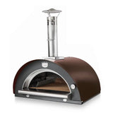 Wood-fired pizza oven with a brown and black design on a white background