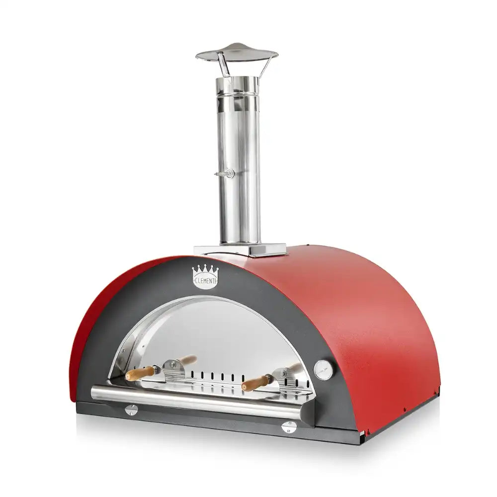 Red and black outdoor pizza oven with a stainless steel chimney on a white background